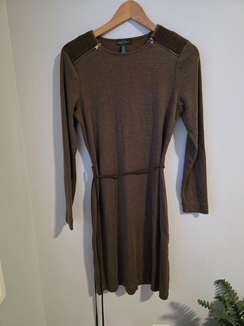 Lauren Jeans Co Ralph Lauren Brown Belted Midi Dress Women’s M Zip Shoulder Y2K